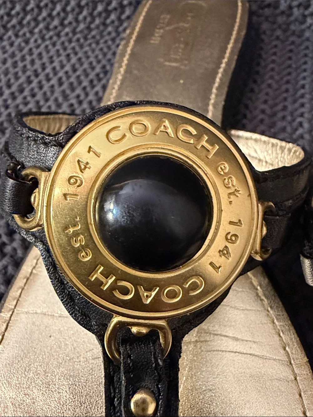 Coach Black Leather Thong Sandals with Gold Medallion